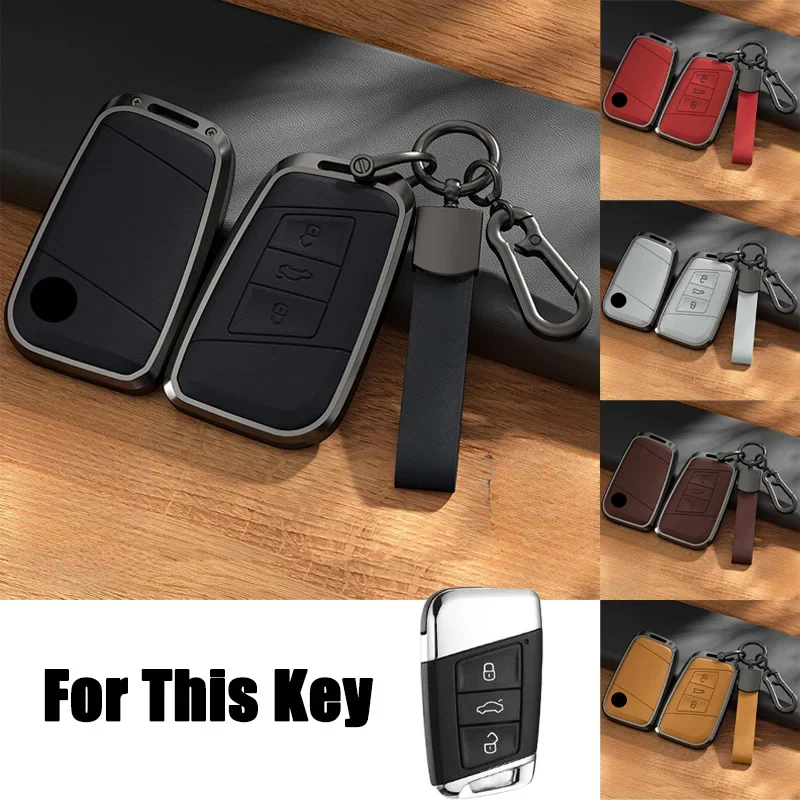 

Aluminum Alloy Leather Car Remote Smart Key Fob Case Cover Holder Bag With Keychain For VW Teramont Arteon Atlas Jetta Passat B8