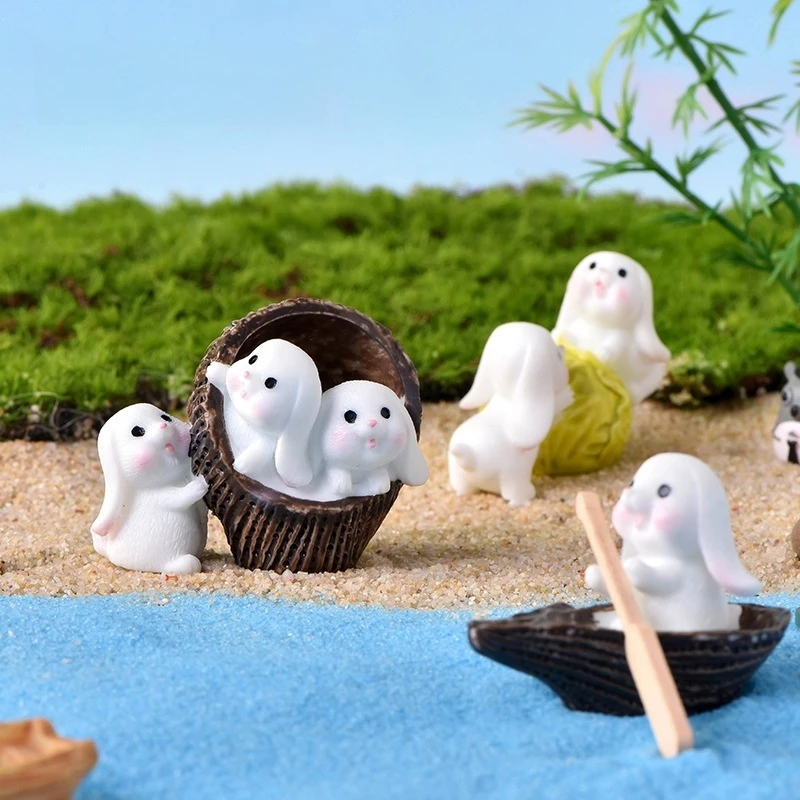 Cute Bunny with Vegetables Resin Miniature Set - Rabbit, Carrot, Cabbage & Boat Ornaments for Terrarium & Garden Decor
