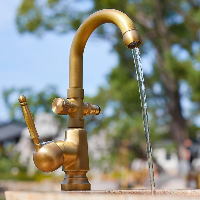 Solid Brass Antique-Style Single-Cold Outdoor Faucet Frost-Proof Outdoor Sink Balcony Single-Inlet, Dual-Outlet