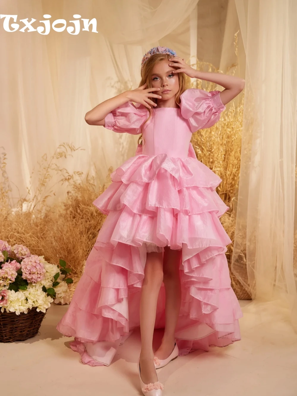 Hot Sale Pink Bow Tiered Hi-lo Long Girls Dresses Dancing Wear Stunning Puff Sleeve Kids Princess Gown School Daily Life Outfit