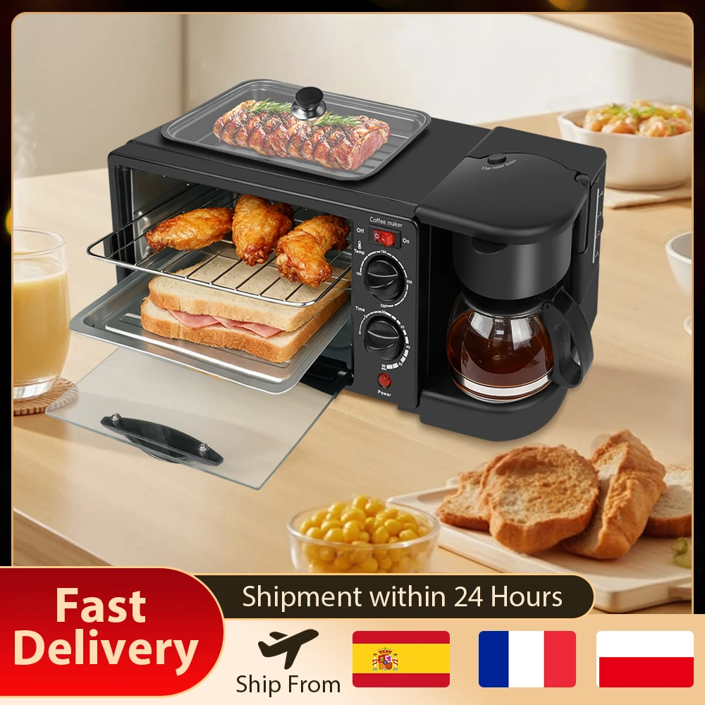 Machine à petit-déjeuner 3-en-1 : Cafetière américaine, Cuiseur, Plaque de cuisson Teppanyaki, Four à pizza, Poêle à œufs et à omelettes, Grille-pain 220V