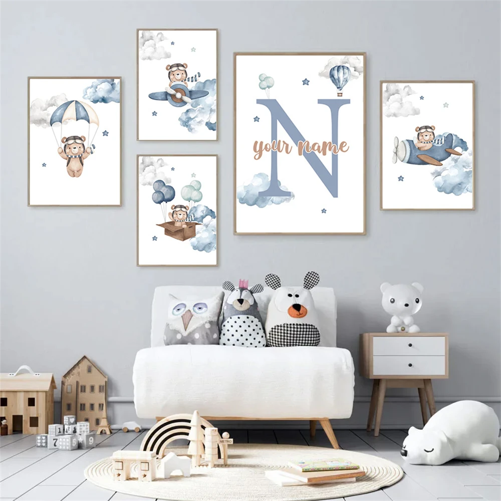 

Customized Baby Name Posters Cartoon Bear Airplane Cloud Balloon Wall Art Canvas Painting Nursery Print Pictures Kids Room Decor