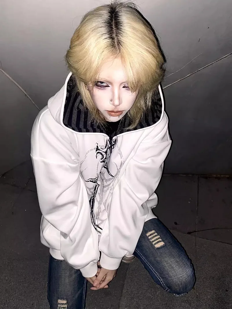 Harajuku Subculture Personality Hooded Sweatshirts Rock Punk Loose Casual Front And Back Printed Zipper Top Women's Hoodies Coat