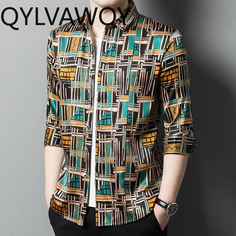 QYLVAWOY 92.5% Mulberry Silk Men's Shirts Spring Autumn Plaid Shirt Long Sleeves Shirts for Man Menswear Clothing Tops Casual