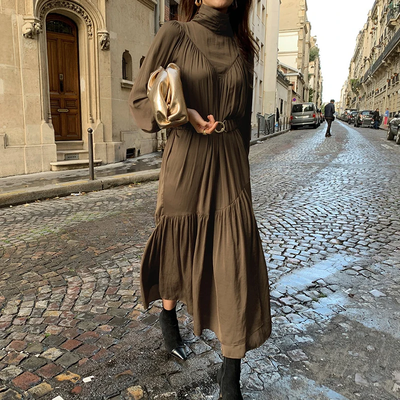 Korean Elegant Chic Autumn Turtleneck Loose Long Dress New 2024 Casual Women Coffee Color Lantern Sleeve Folds Belt Vestidos