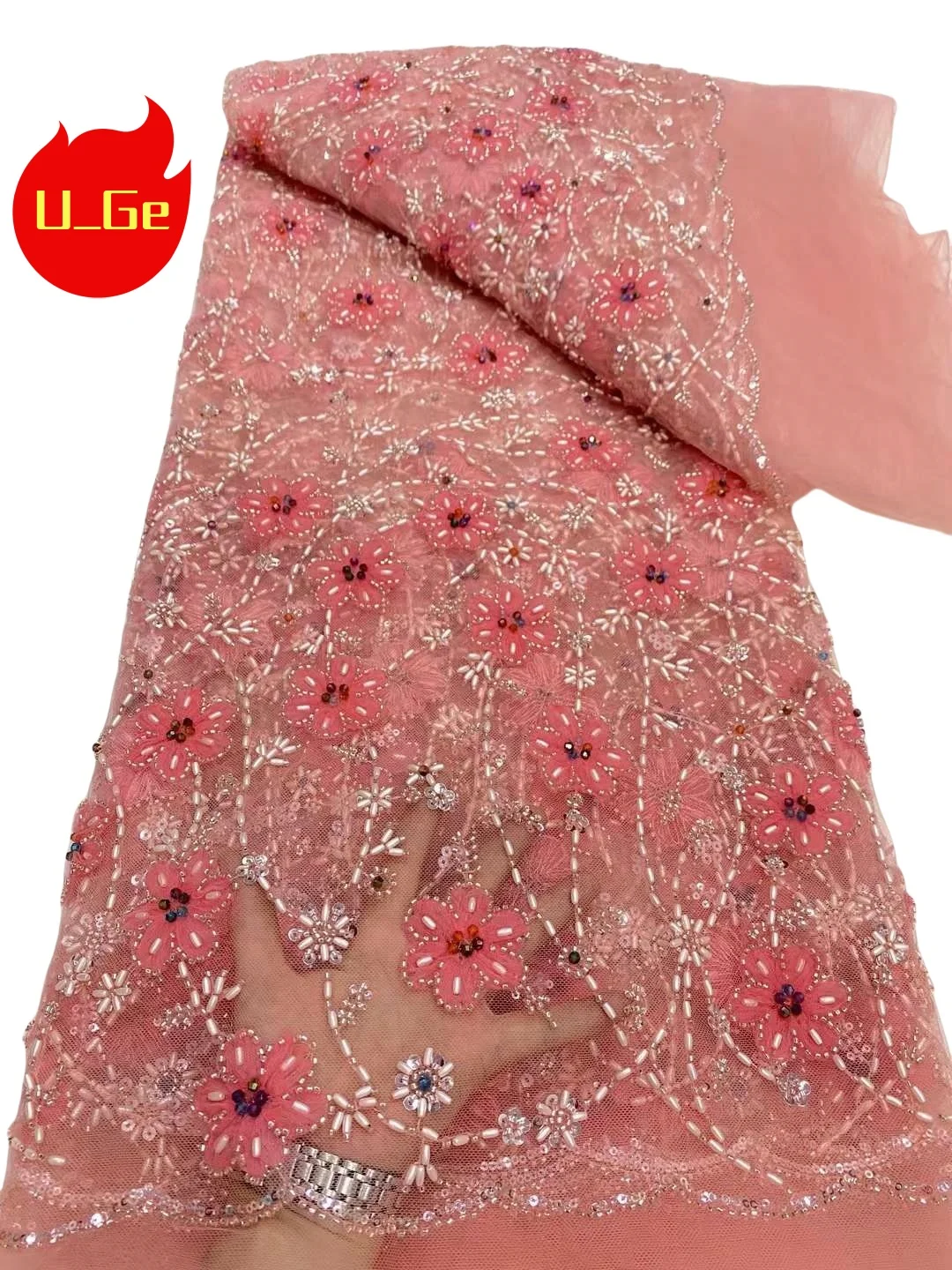 2024 Latest Elegant Best Quality Soft Popular Beaded Tube Lace With Biggest Stones fabric ForWedding Evening Dress U_Ge1198