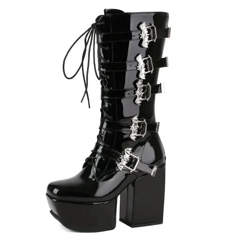 

New Women Boots Square Toe Chunky High Heel 12cm Platform 5.5cm Zipper Lace Up Metal Buckles Punk Shoes Plus Size 46 47 48