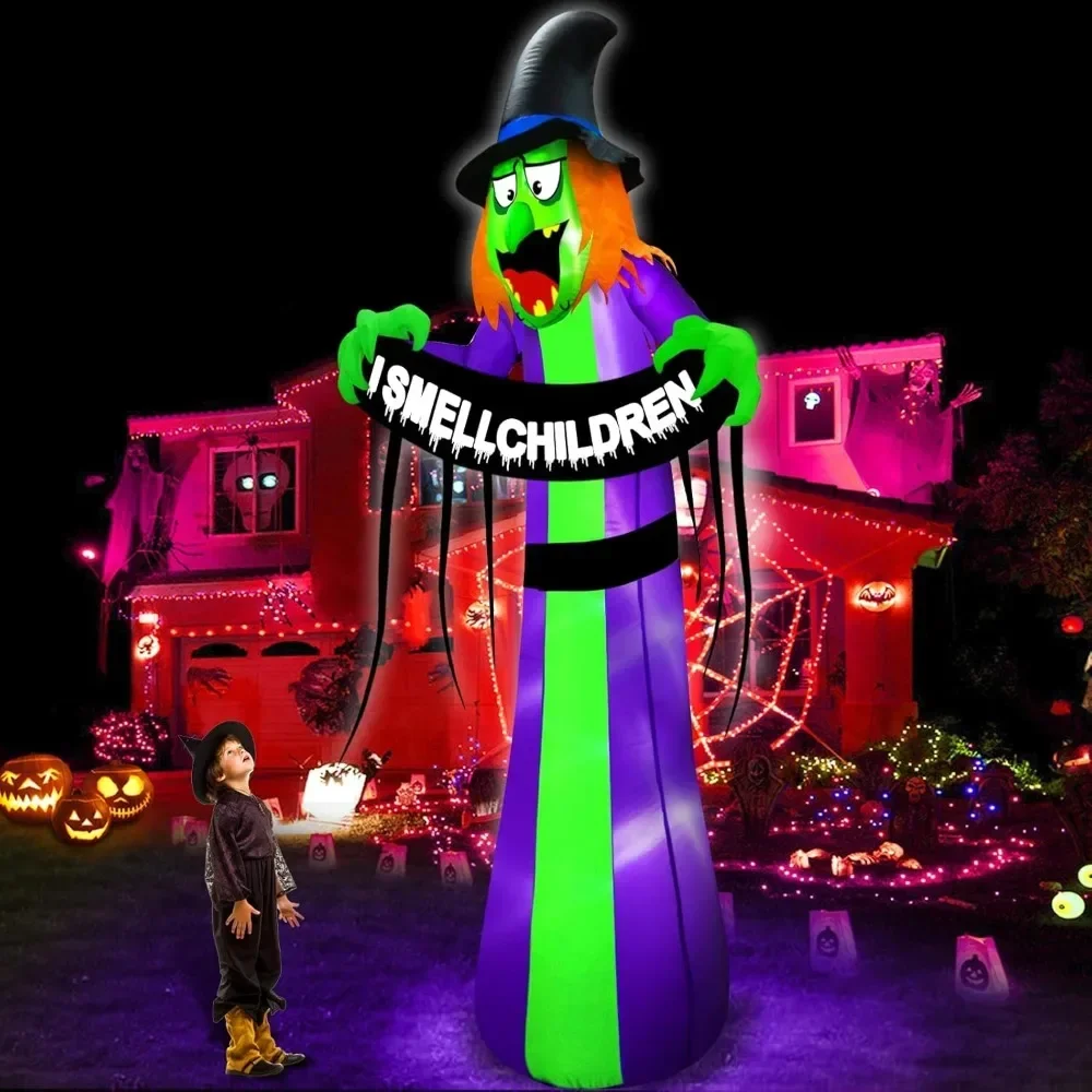 

8 Ft Giant Halloween Inflatables Witch Outdoor Decorations, Scary Witch Holds I Smell Children Banner LED Lights Blow Up