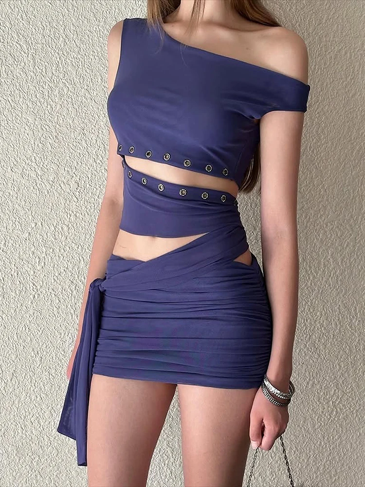 

Weird Puss Hottie, металлический полый комплект из 2 предметов, женский комплект с открытыми плечами, бандажная майка без рукавов + юбка со рюшами, трендовая вечерние клубная одежда