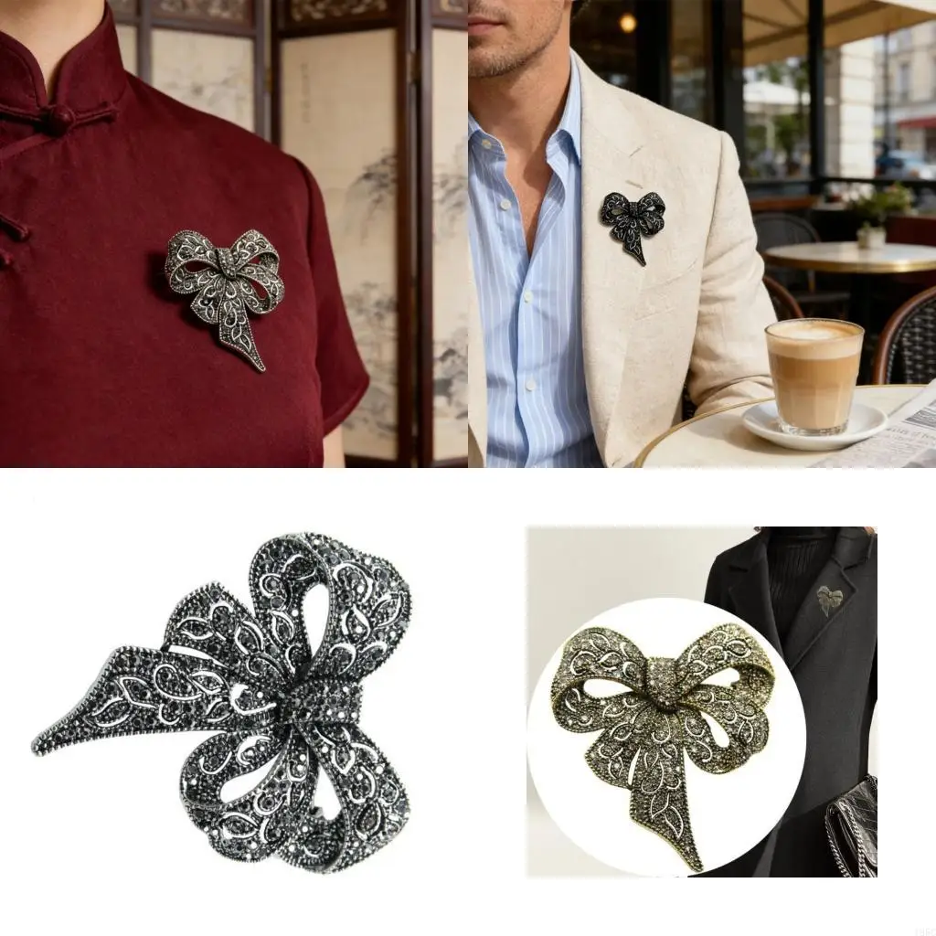 195C Multifunctional Alloy Brooch Bowknot Rhinestones Accent For Dress Hat Scarf Accessory for Business Trips Formal Event