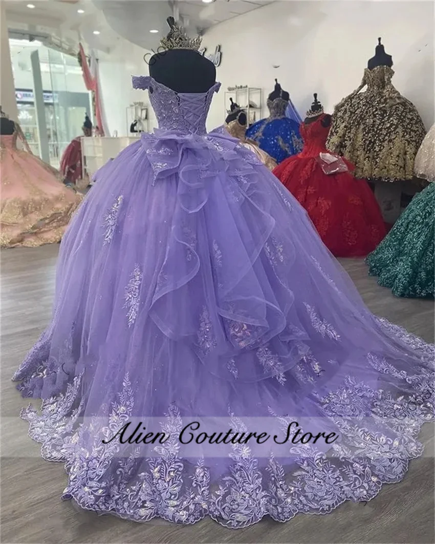 Luxe Paarse Tule Quinceanera Jurk 2024 Baljurk Boog Kralen Applique Verjaardag Jurk Vestidos De 15 Años Aangepaste