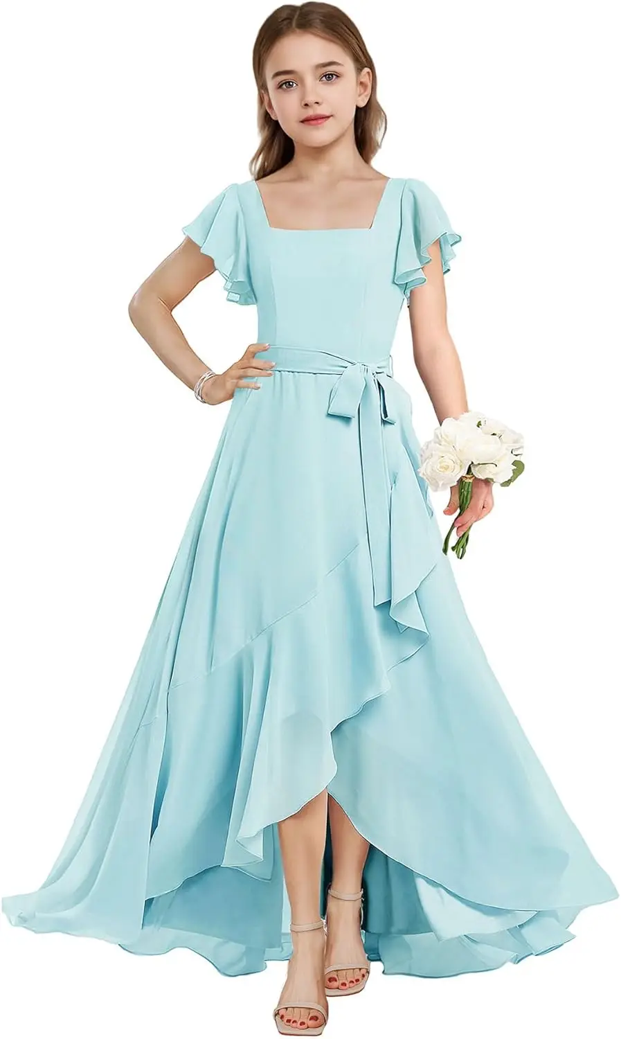 Una línea de cuello cuadrado vestidos de dama de honor junior vestido de niña de flores de gasa vestido de fiesta de invitados de boda para niñas adolescentes altas y bajas