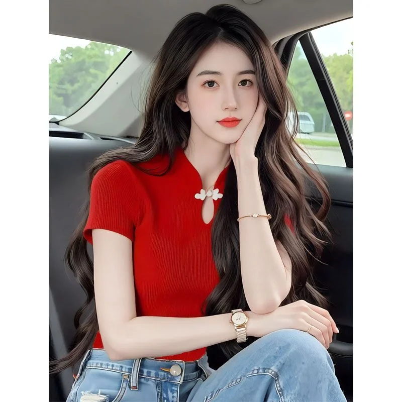 패셔너블한 여성용 뉴 슬레 탑 버튼 레트로 에스닉 슬레 다용도 베이스 탑 한국 스타일 라운드 넥