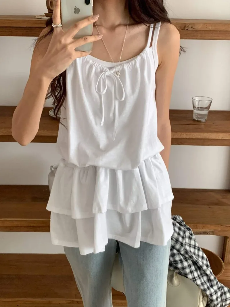 

Korea Chic Style Camisole Women's Spring Pure Sexy Drawstring Lace-up Slim Fit Strap Top Fashion Female Clothes