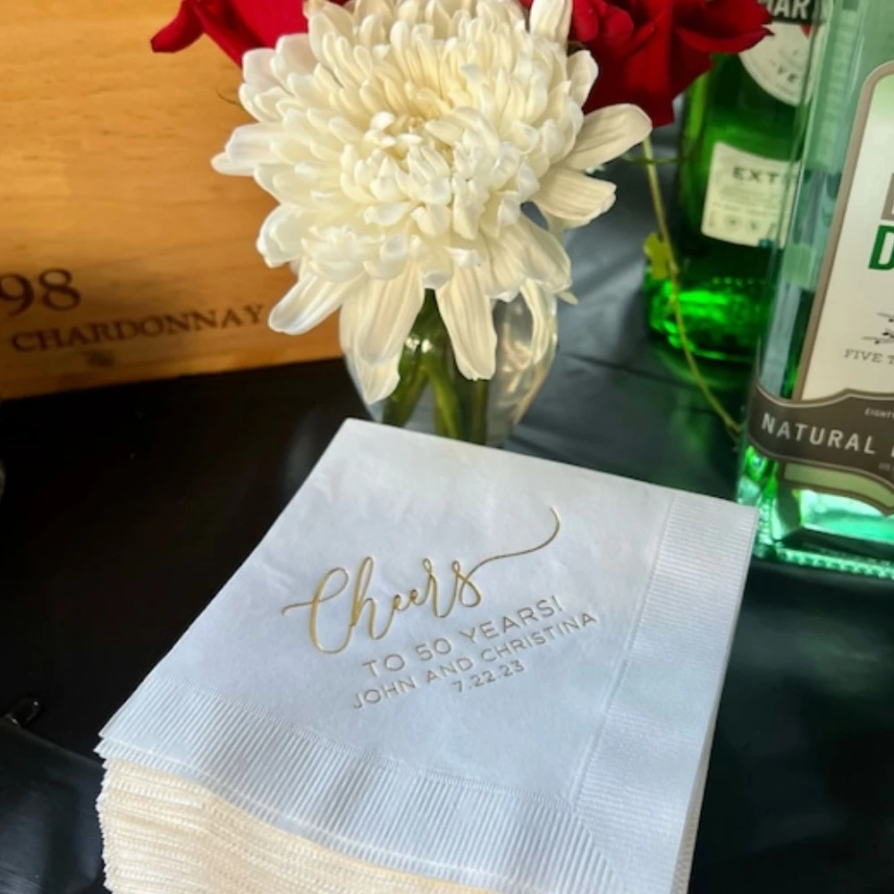 50Pcs Personalized Napkins Wedding Napkins Custom Monogram Cheers Rehearsal Dinner Beverage Cocktail Luncheon Dinner Guest Towel