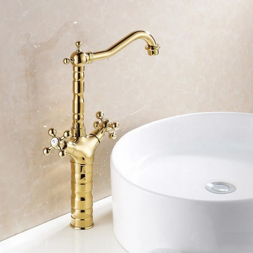 Luxury Gold Color Brass Two Cross Handles Swivel Spout Bathroom Vessel Kitchen Sink Basin Faucet Mixer Tap asf094