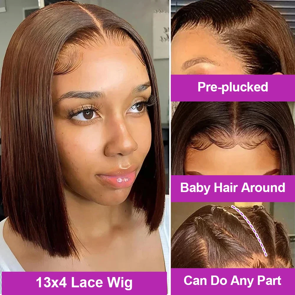 Bob Glueless Perücke Glatt Kurz #4 Schokobraun 13x4 HD Lace Front 100% Echthaar 250% Dichte Ready to Wear Versand aus FR Lager für Schwarze Frauen – Detail 3