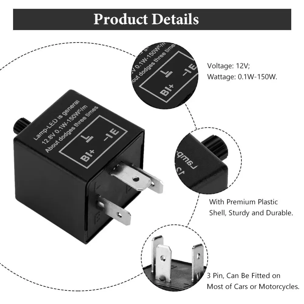 12V LED Flasher Relay Adjustable 0.1W-150W Adjustable Flasher Relay 3 Pin Plug and Play LED Flasher Blinker Relay