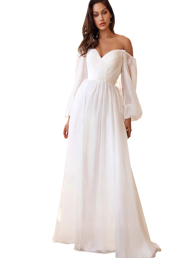 

Elegant Long Puff Sleeve White Maxi Dresses Women Evening Party Outfit 2024 SPring Fashion Strapless Backless Floor-Length Dress