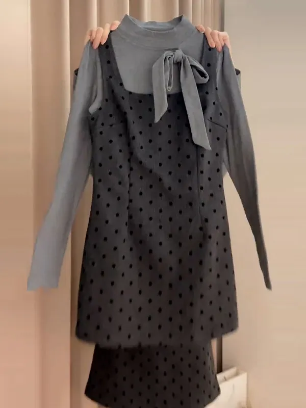 

Корейский комплект юбки и топа в горошек для женщин, зима 2025, новинка, теплый, модный, удобный для маленьких размеров