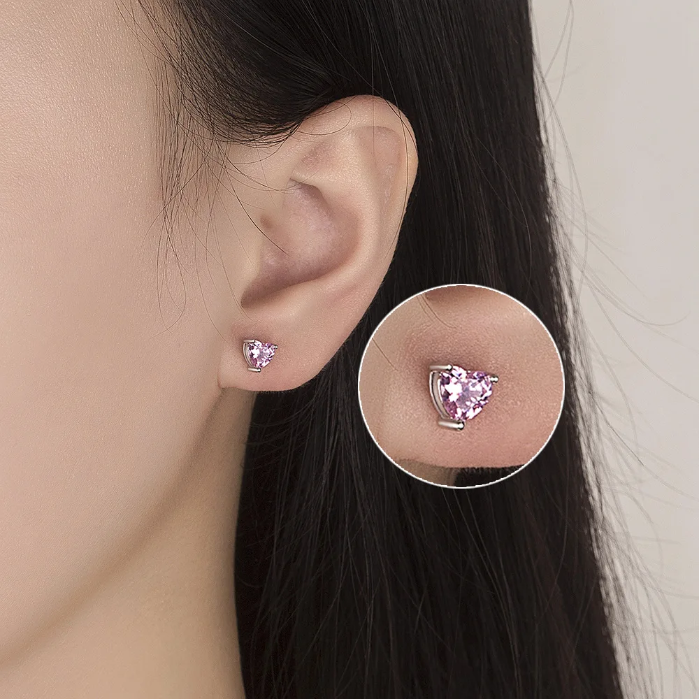 925 Sterling Silver Pink Red White Purple Heart Zircon Stud Earrings For Women Engagement Piercing Jewelry Accessories Money 925