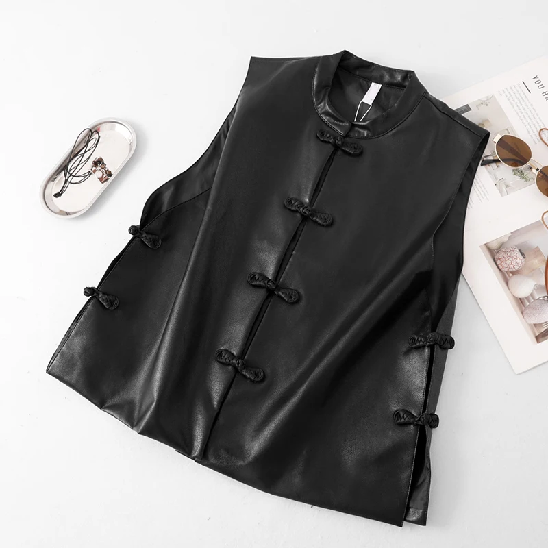 Black Short Sleeveless Leather Vest Women's Fashion Outerwear Autumn Layering Top Unique Design No-Bust Pad Regular Thickness