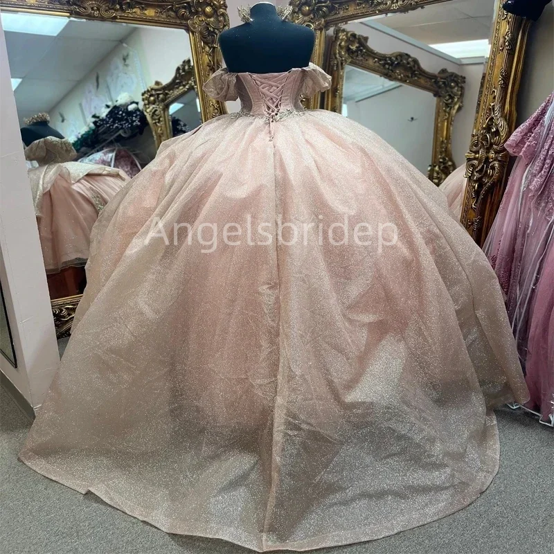 Angelsbridep-Vestido de baile com apliques dourados, vestidos Quinceanera com brilho rosa, festa noturna, miolinhas, 2022