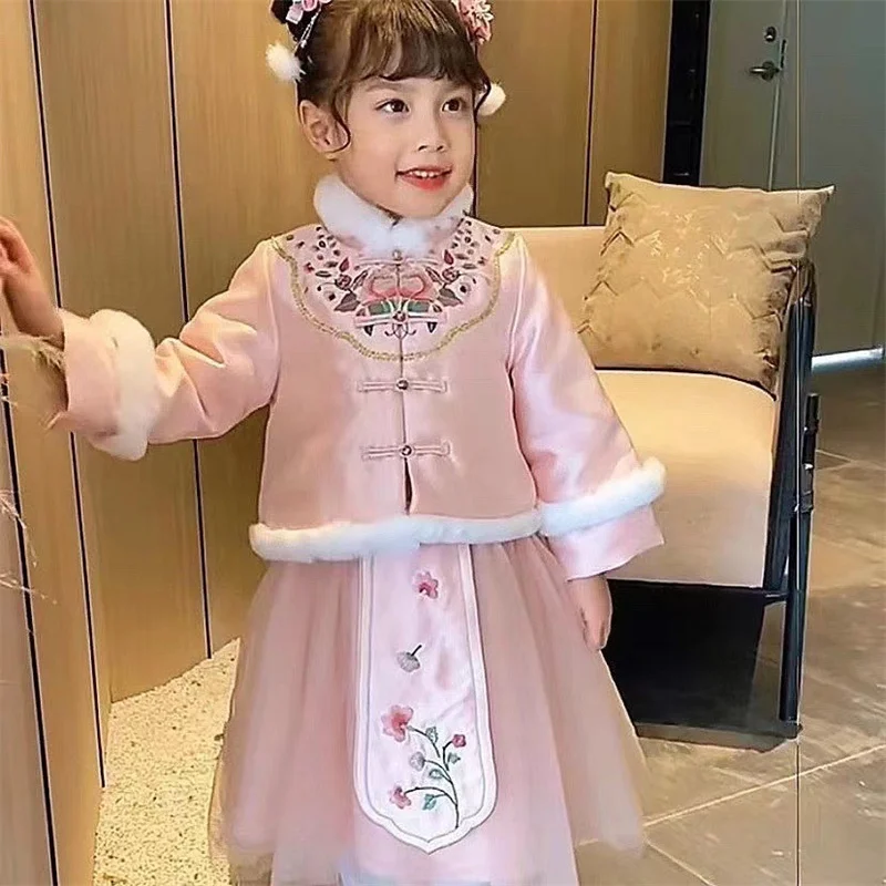 2023 Girl Retro Red New Year Greeting Dresses Kid Traditional Chinese Style Embroidery Hanfu Qipao Performance Princess Vestido