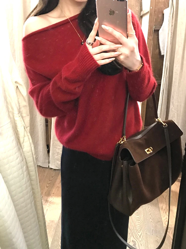 

Мягкий бархатный вязаный свитер с овальными плечами, женский осенне-зимний новый длинный свек, повседневный свободный трикотаж