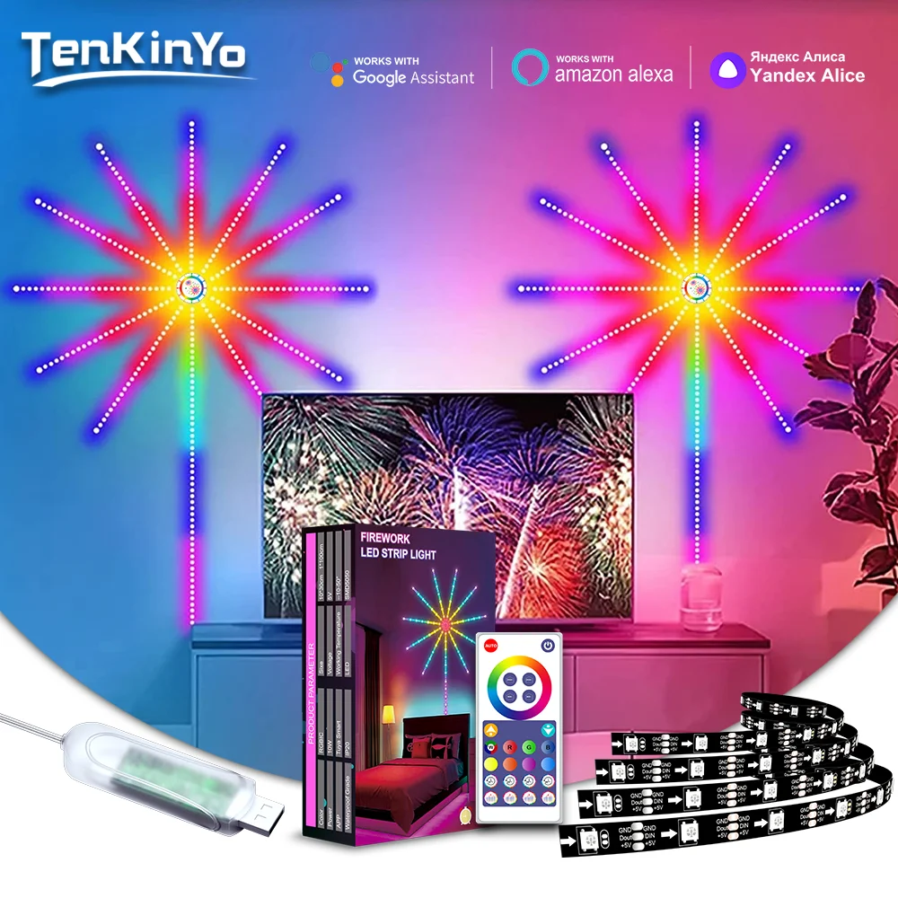 RGBIC LED Firework Strip Lights String Festoon Lamp Remote Control Color Changing Lights Sync Music Party Atmosphere Decoration