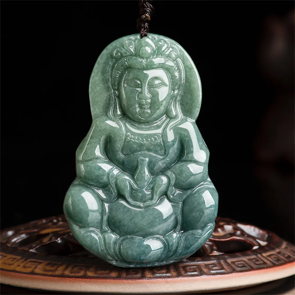 Trendy Natural Green Jadeite Carved Big Classic GuanYin Lucky Pendant Amulet Necklace Certificate Luxury Jade Vintage Jewelry