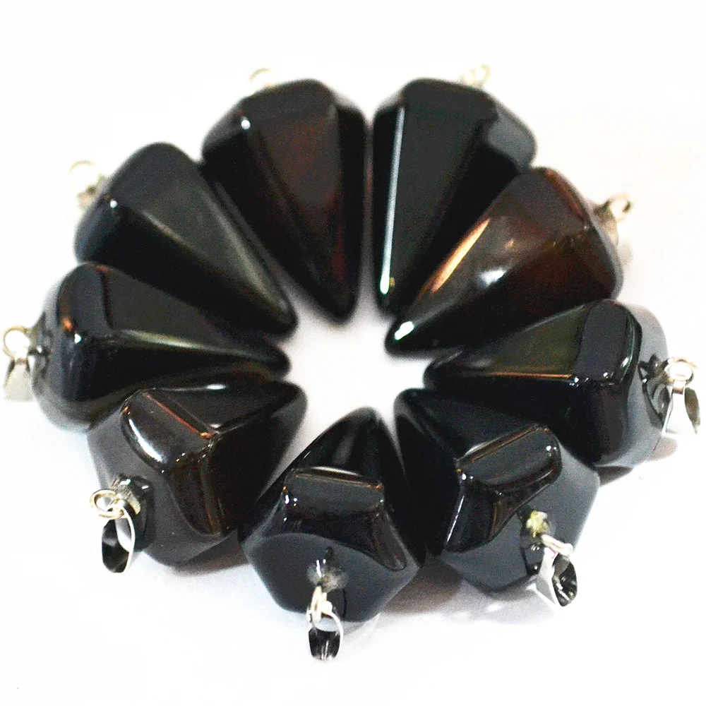 New! Fashion Natural Black Onyx Stone Pyramis Shape Pendants Charm Line Hammer for Jewelry Making 12PCS Wholesale Free Shipping