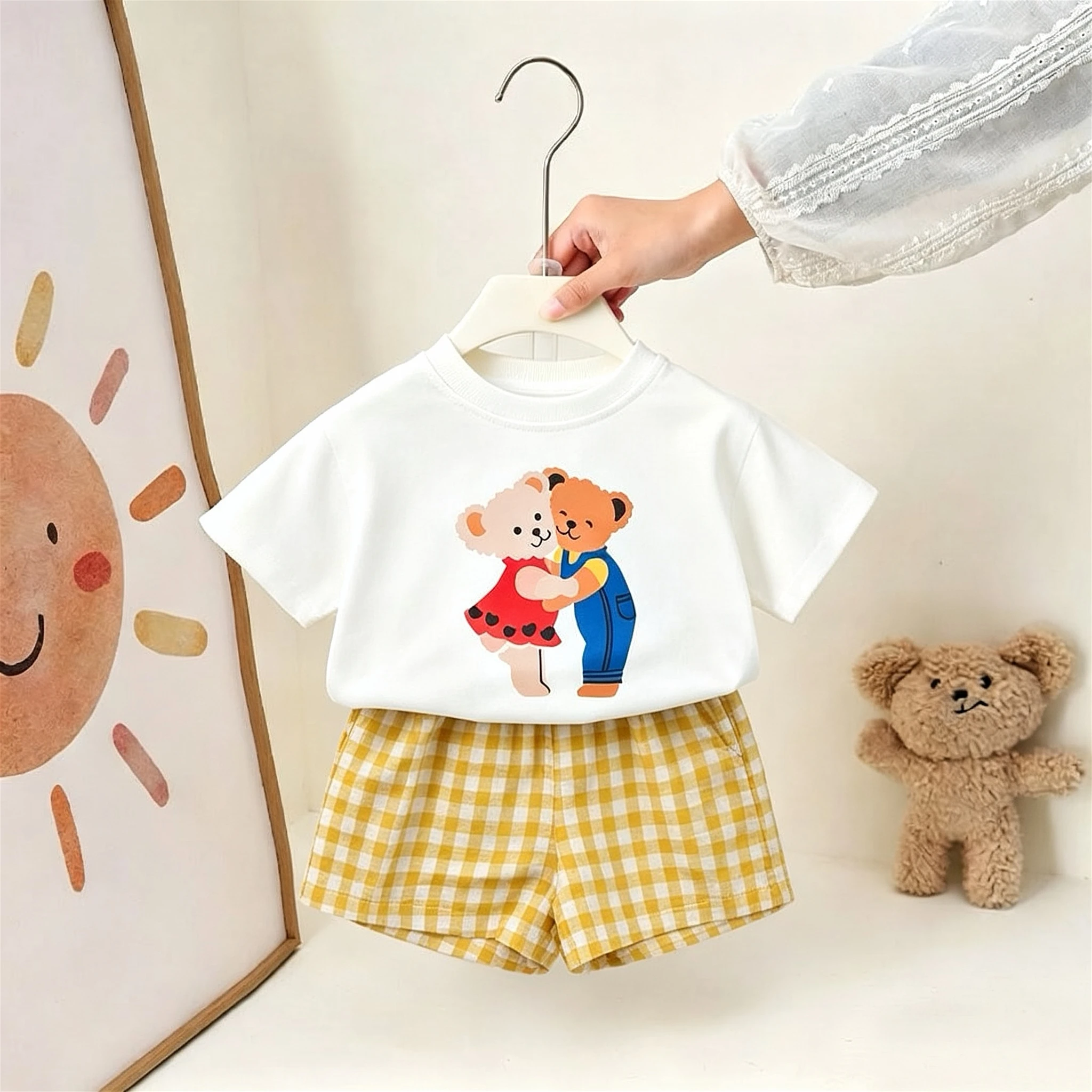 1-6 Age Children's Clothes Cartoon T-shirts Suit Summer Casual Tracksuit Baby Girl Boy Short Sleeve Tees + Plaid Shorts 2pc/set