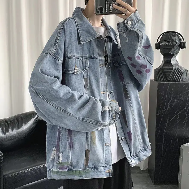 

Retro American Waed Tie Dye Hole Denim Jaet Loose ex Spring Autumn College Sle Jaet Trendy Youthful Energy