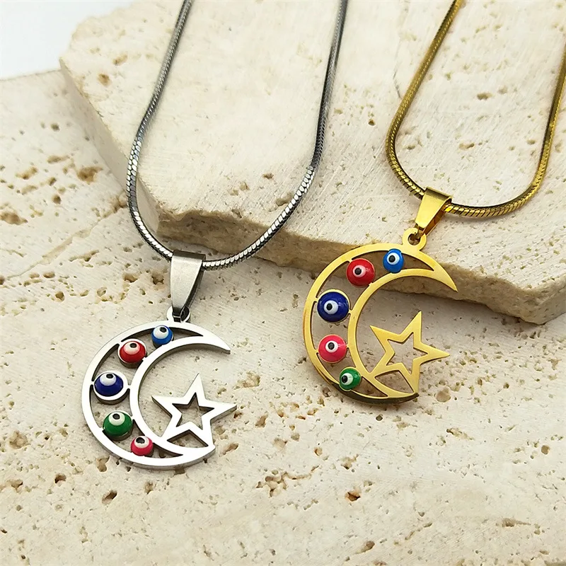 

Stainless Steel Crescent Moon Star Necklace Men Women Spiritual Islamic Muslim Pendant Turkish Evil Eye Religious Jewelry