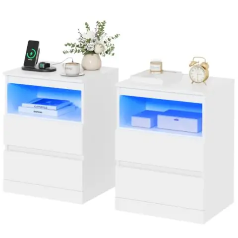 White Nightstand Set of 2 with Charging Station and LED Lights, Modern Bedside Table with Drawer for Bedroom