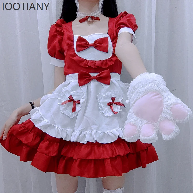 

Anime Maid Role-playing Costume Red Pure Sweetheart Sexy Cream Lolita Dress Cat Claw Bow Bell Collar Performance Costume Suit