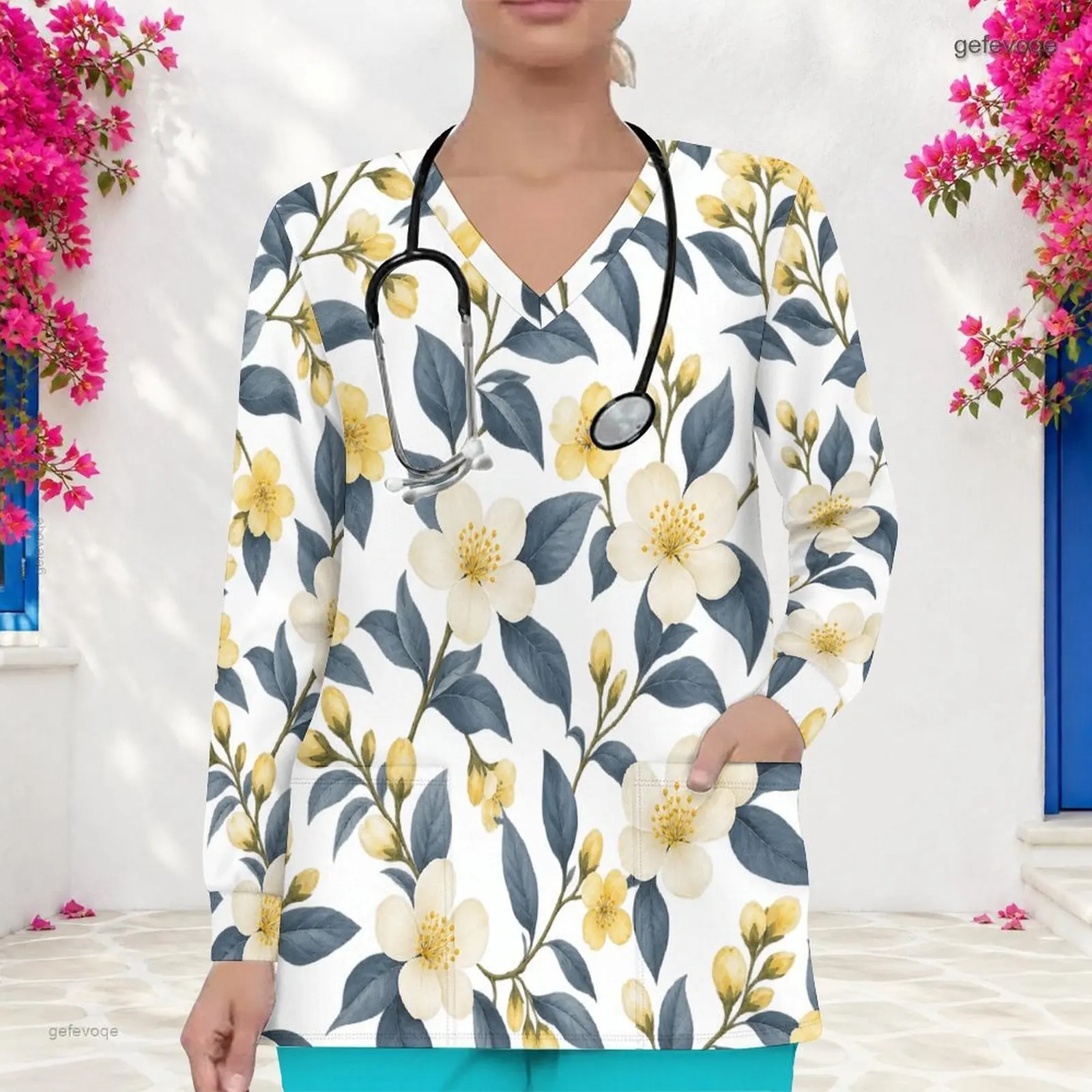 Women Floral Printed V Neck Long Sleeve Scrub Top with Front Pockets