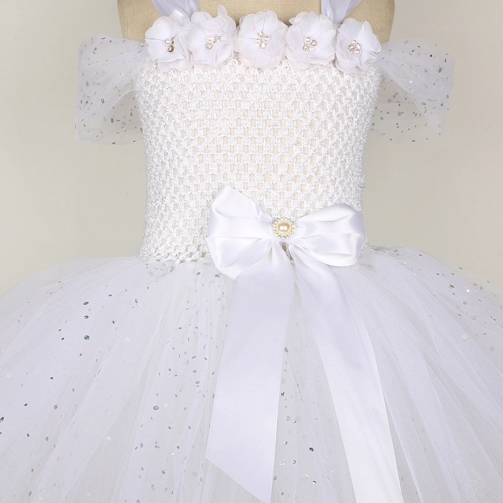 Sparkling White Angel Costumes for Girls Christmas Halloween Dress for Kids Flower Fairy Tutu Outfit with Wings Set Girl Clothes