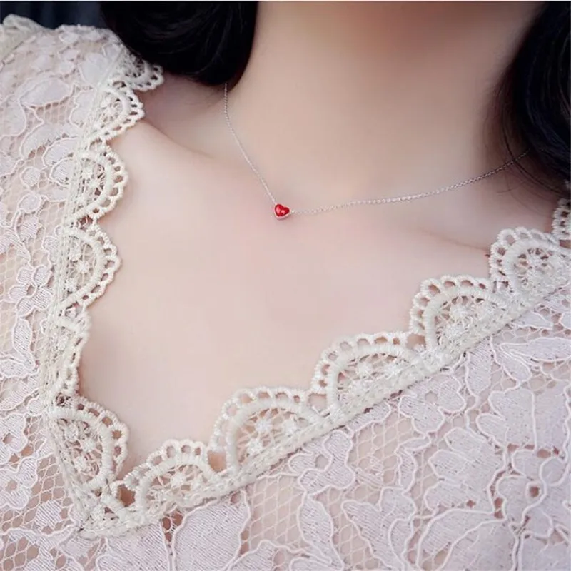 New sweet cute 925 Tibetan silver handmade red drop glaze Heart-shaped necklace fresh fashion trend peach girlfriend love  XL203