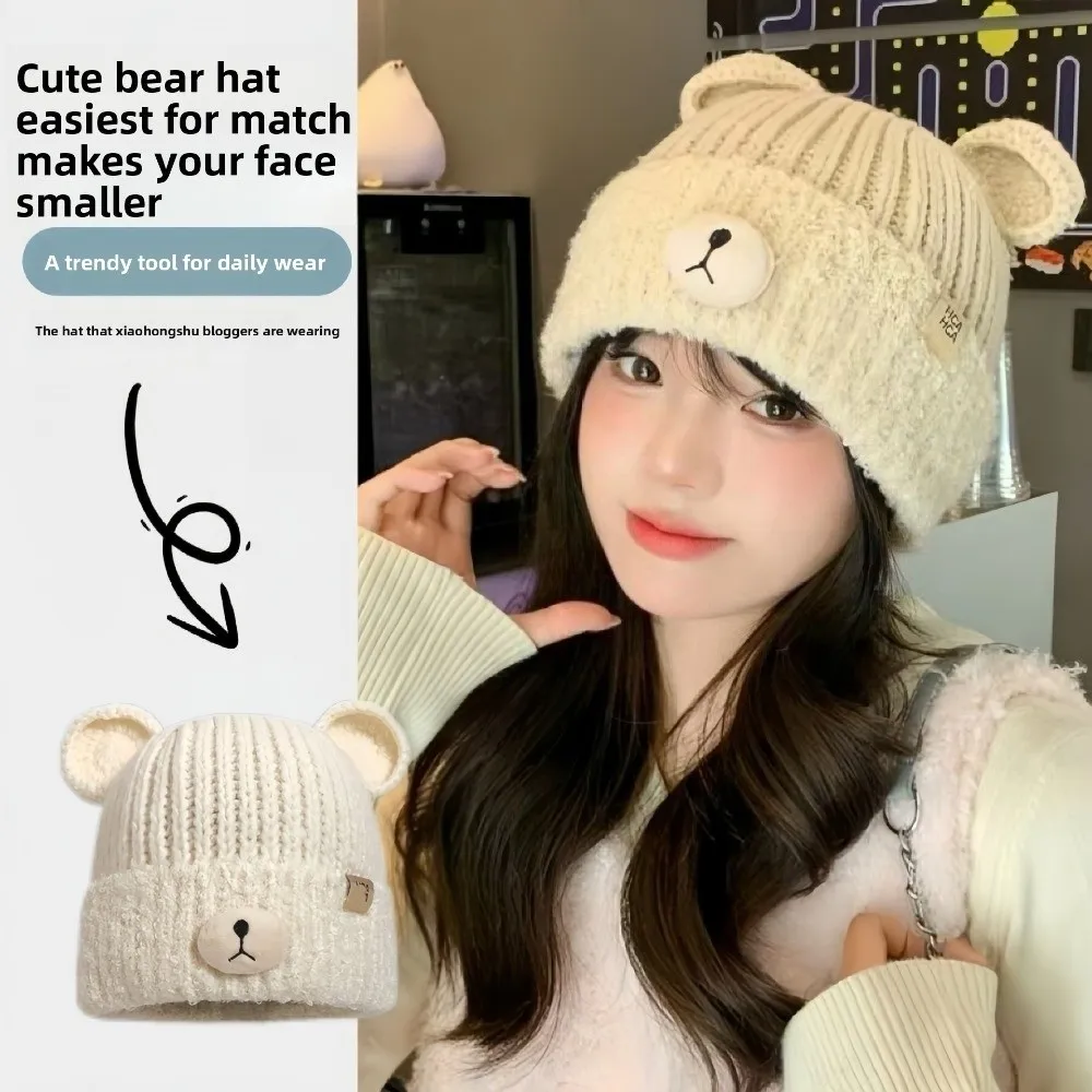 

Cute Double-Layered Edge Bear Ear Hat Keep Warm Ear Protection Knitted Hat Y2K Leisure Cap Autumn Winter