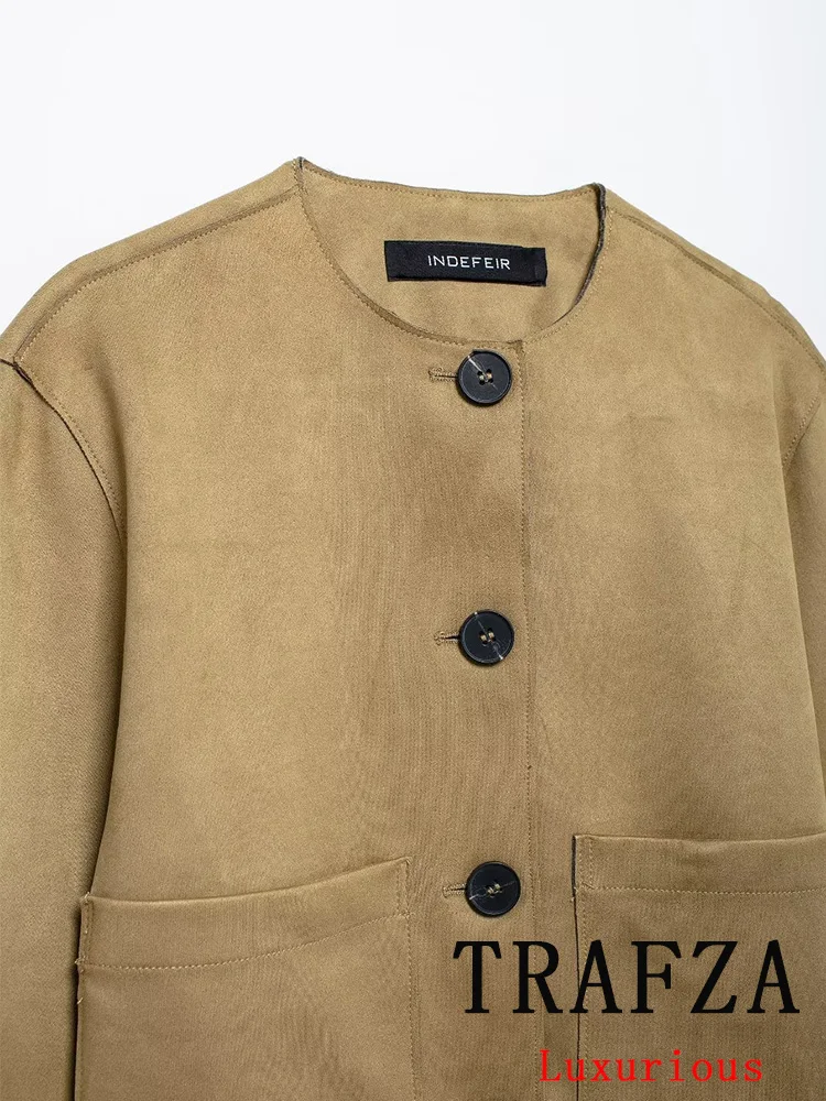 TRAFZA Vintage Chic Kurtki damskie Khaki Solidny długi rękaw Jednorzędowe kieszenie Krótkie płaszcze Nowa moda 2024 Jesienna odzież wierzchnia