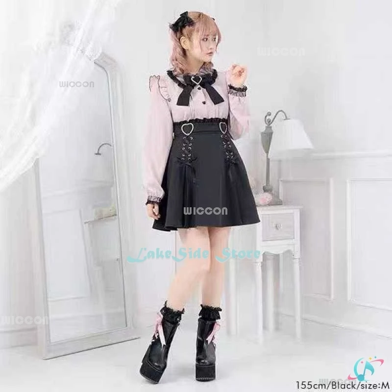 Long Sleeve Shirt Y2K Jirai kei Lolita Girls Top Women Kawii Bow Blouse Pink Black White BlouseCute Sweet Japanese Student Suit