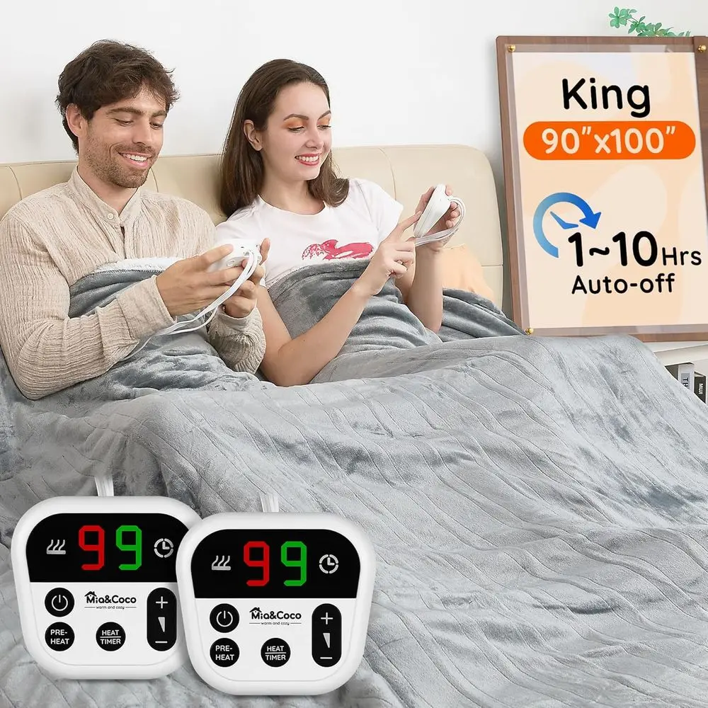 

90x100 Dual Control Flannel Heated Blanket with 10 Heat Settings, 10-Hour Auto-Off, Fast Heating, Overheat Protection for Home a