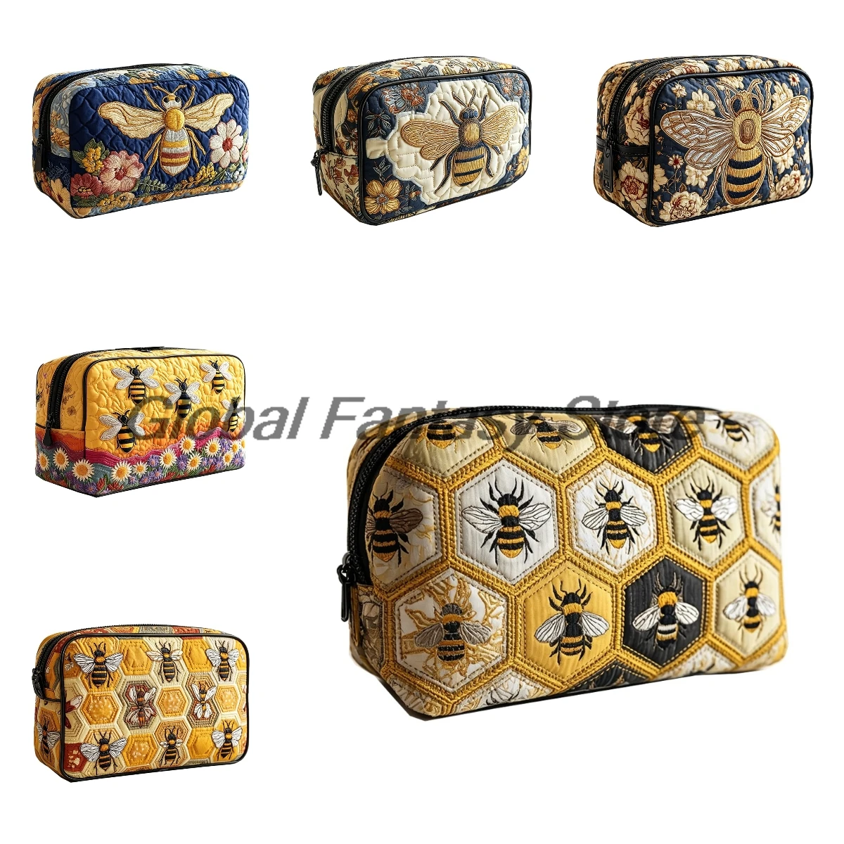 Boho Honeycomb Bee Quilted Makeup Bag Vintage Travel Toiletry Bag Zipper Portable Cosmetic Bag For Women