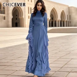 CHICEVER Vintage Patchwork Lace Up Dresses For Women Stand Collar Long Sleeve High Waist Splliced Ruffels Solid Dress Female New