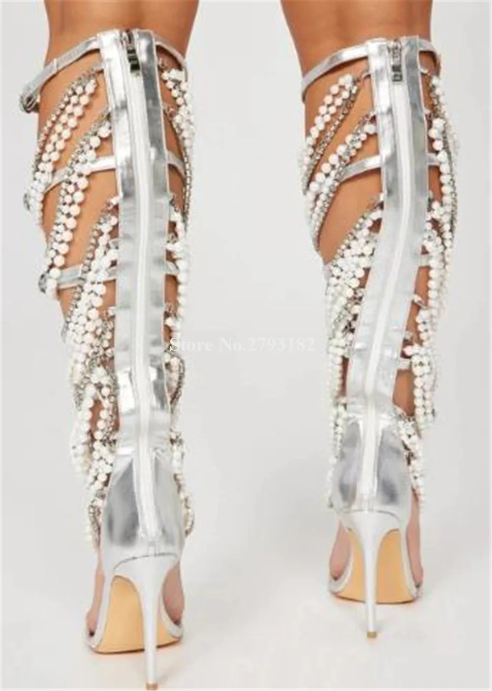 Bling Bling Rhinestones Pearls Chains Stiletto Heel Knee High Gladiator Boots Open Toe Fringes Thin Heel Long Sandal Boots