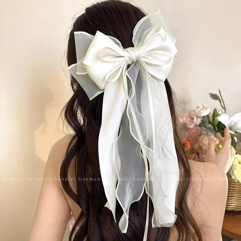 Women Elegant Lace Bow Ribbon Hair Clips Solid Color Satin Bowknot Clips Girls Korean Hairpins Party Headdress Hair Accessories