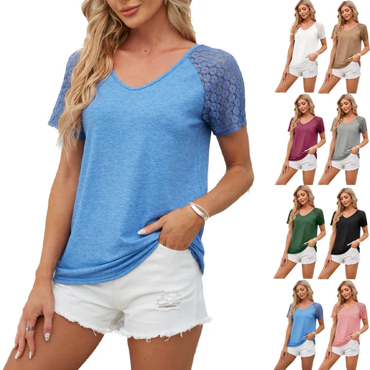 Women Summer Top New Spliced Mesh Short Sleeved Top Solid Color Casual Loose Fitting T-shirt Women's Clothing  Soft Comfy Tees