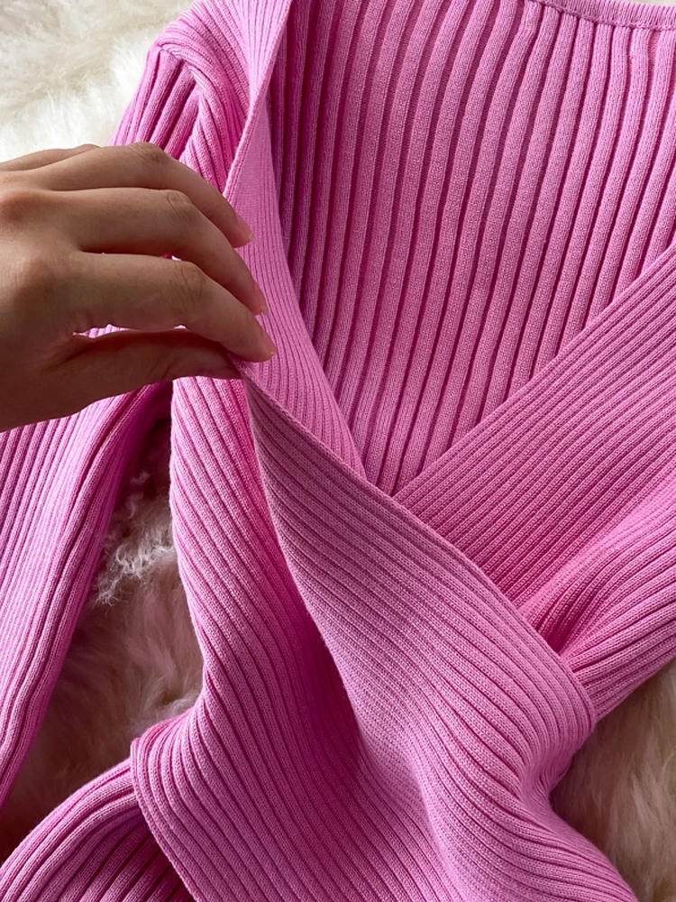 Otoño Invierno 2023 vestido de mujer elegante cruzado con cuello en V cintura delgada vestido ajustado de punto Vestidos coreanos de oficina para mujer